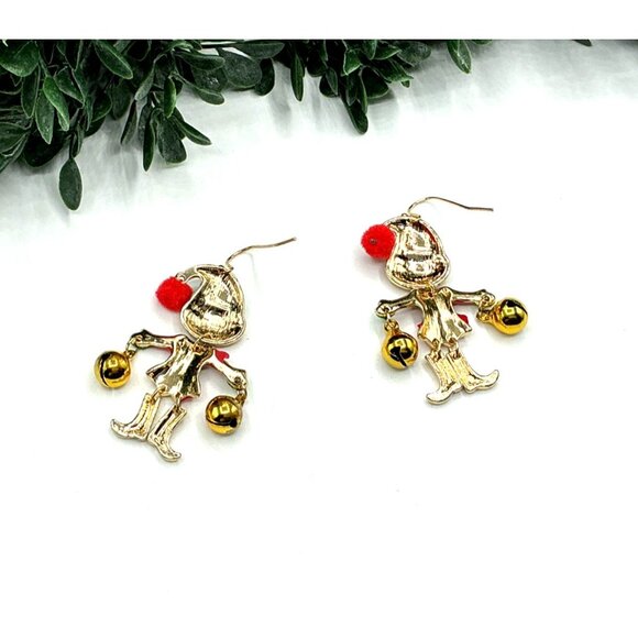 Christmas Elf Jingle Bell Dangle Earrings Festive Holiday Jewelry - Picture 4 of 5
